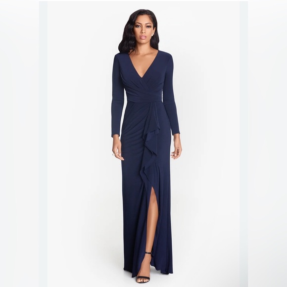 Betsy & Adam Elle Women 8 Long Sleeve Maxi Dress Gown Navy Blue Side Slit Ruffle - Picture 1 of 12